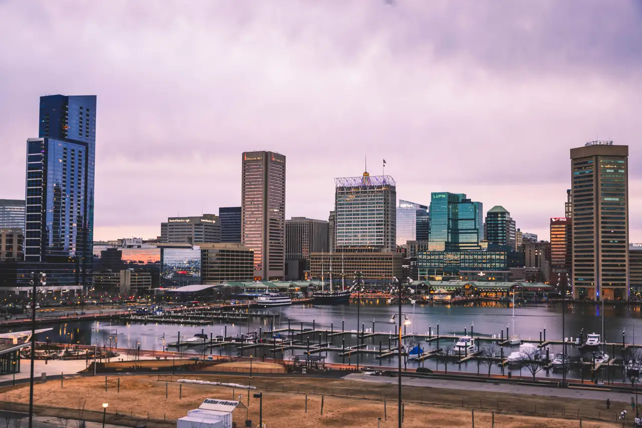 Fine-art photograph, “Baltimore Skyline at Blue Hour, Long View - RFIV2575.JPG,” from the Maryland collection.