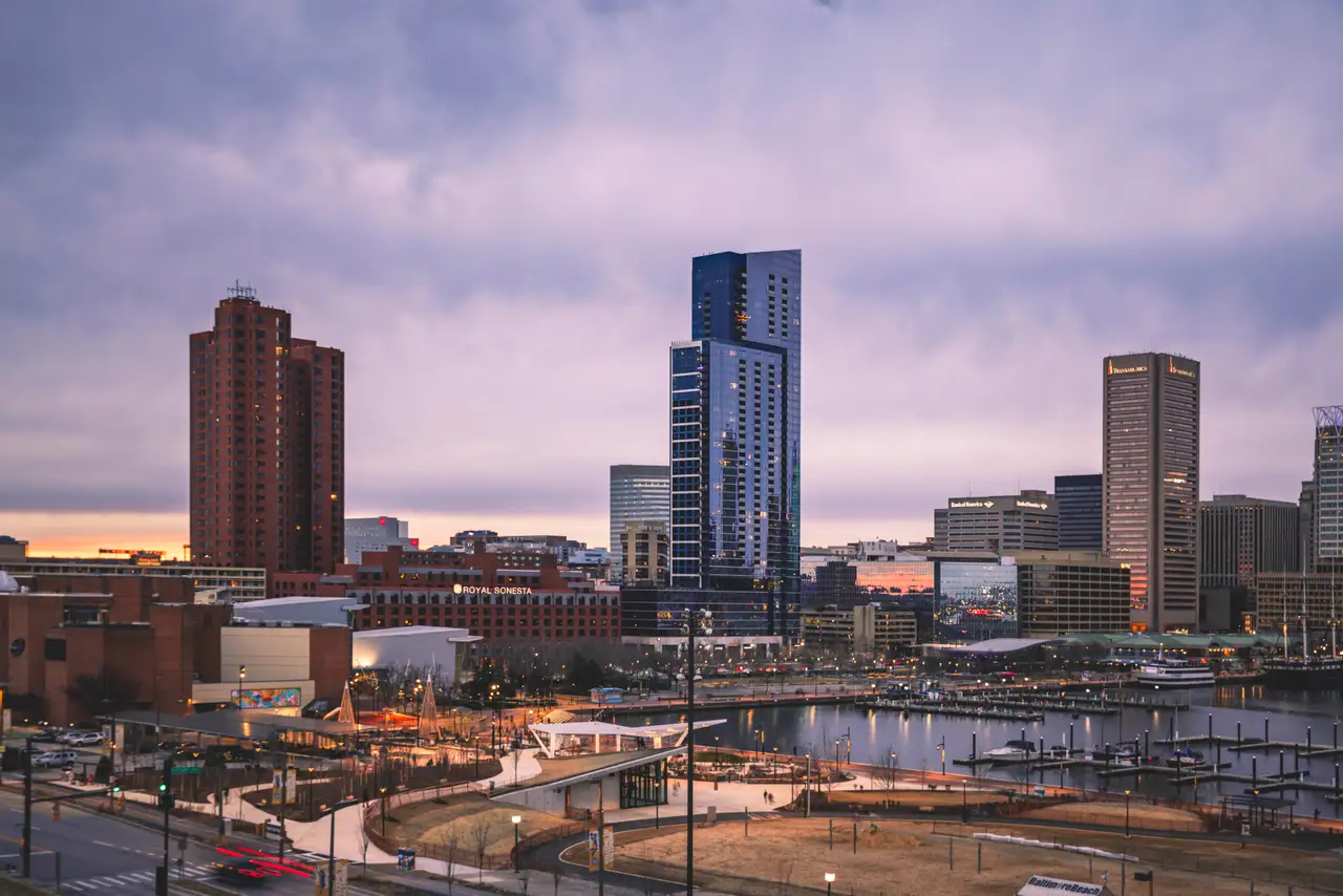 Fine-art photograph, “Baltimore Skyline at Blue Hour, Coastal Stillness - RFIV2594.JPG,” from the Maryland collection.