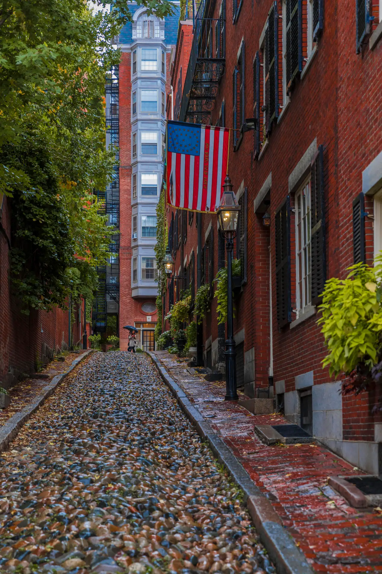Fine-art photograph, “Beacon Hill Cobblestone Lane with American Flag - 5DM44221.JPG,” from the Massachusetts - Boston collection.