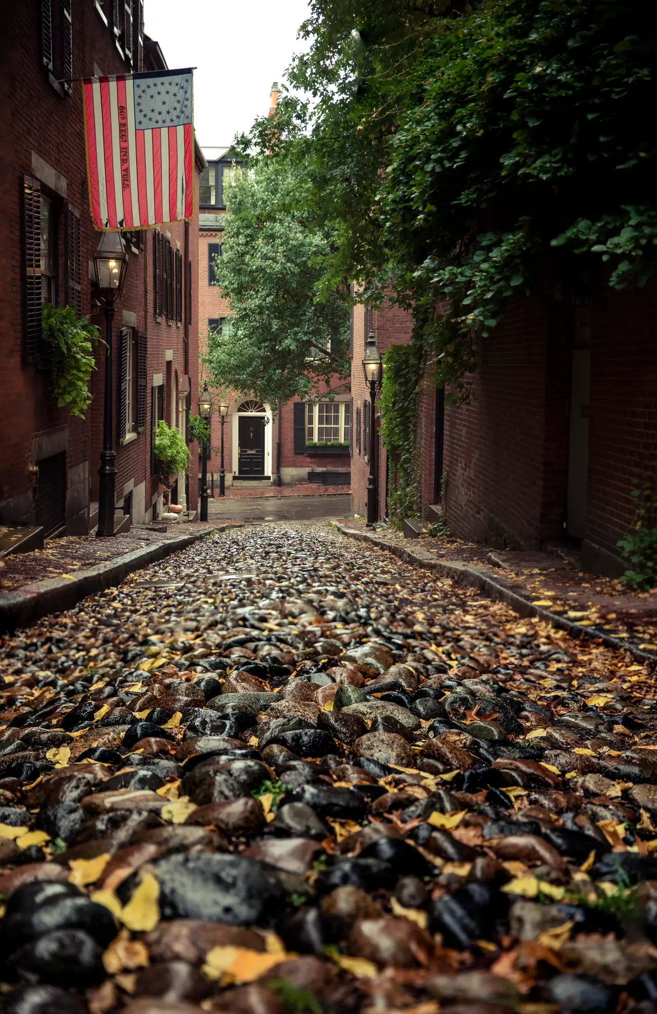 Fine-art photograph, “Beacon Hill Cobblestones and Flag - 5DM44239-Edit.JPG,” from the Massachusetts - Boston collection.