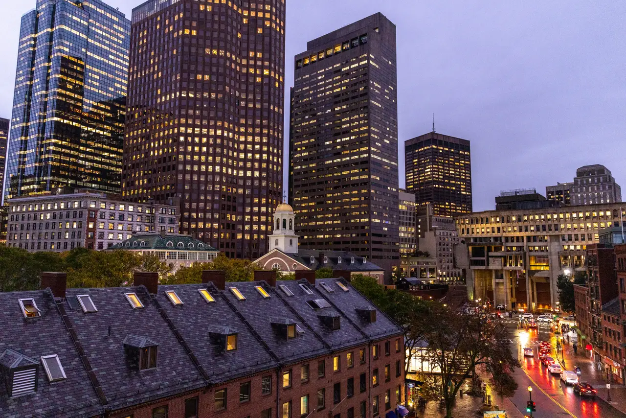 Fine-art photograph, “Boston Financial District at Dusk - 5M2A2418.JPG,” from the Massachusetts - Boston collection.