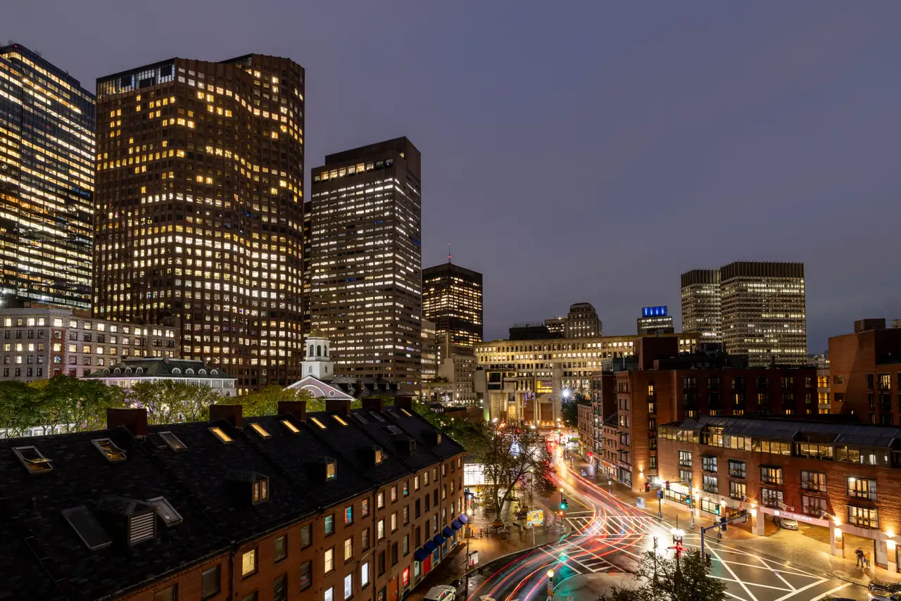 Fine-art photograph, “Boston Financial District Light Trails - 5M2A2435.JPG,” from the Massachusetts - Boston collection.