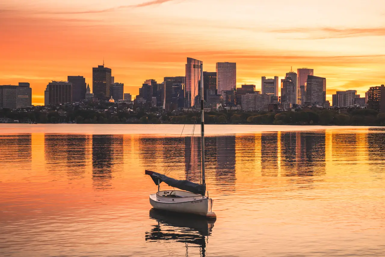Fine-art photograph, “Boston Skyline and Sailboat at Golden Hour - 5M2A2580.JPG,” from the Massachusetts - Boston collection.