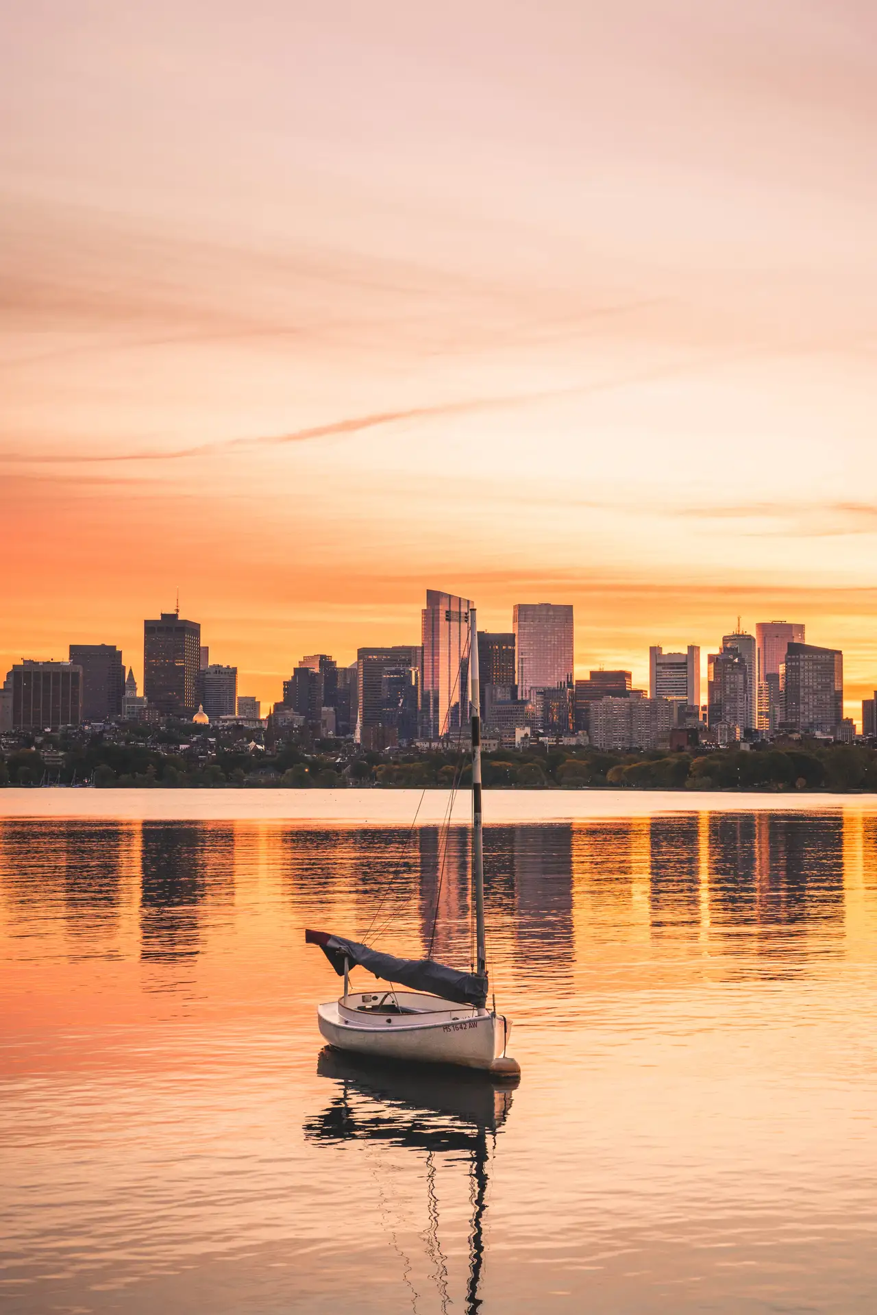 Fine-art photograph, “Boston Sailboats Against Sunset Skyline - 5M2A2581.JPG,” from the Massachusetts - Boston collection.