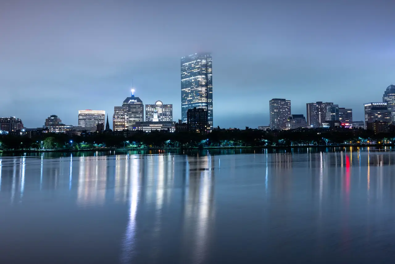 Fine-art photograph, “Boston Skyline Reflected on the Charles at Night, Night Passage - _FIV4781.JPG,” from the Massachusetts - Boston collection.
