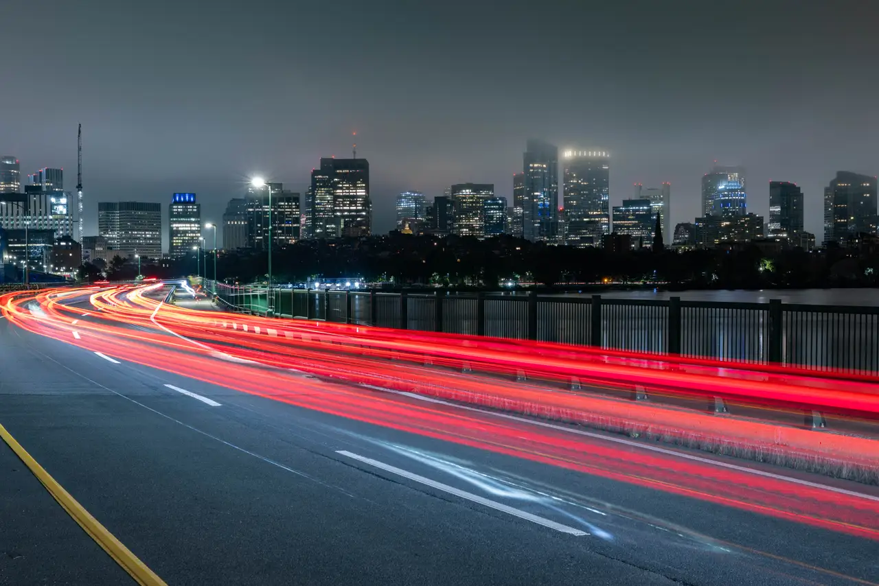 Fine-art photograph, “Boston Skyline Light Trails, Distant Glow - _FIV4805.JPG,” from the Massachusetts - Boston collection.