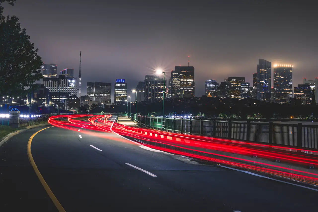 Fine-art photograph, “Boston Skyline and Curving Light Trails - _FIV4809.JPG,” from the Massachusetts - Boston collection.