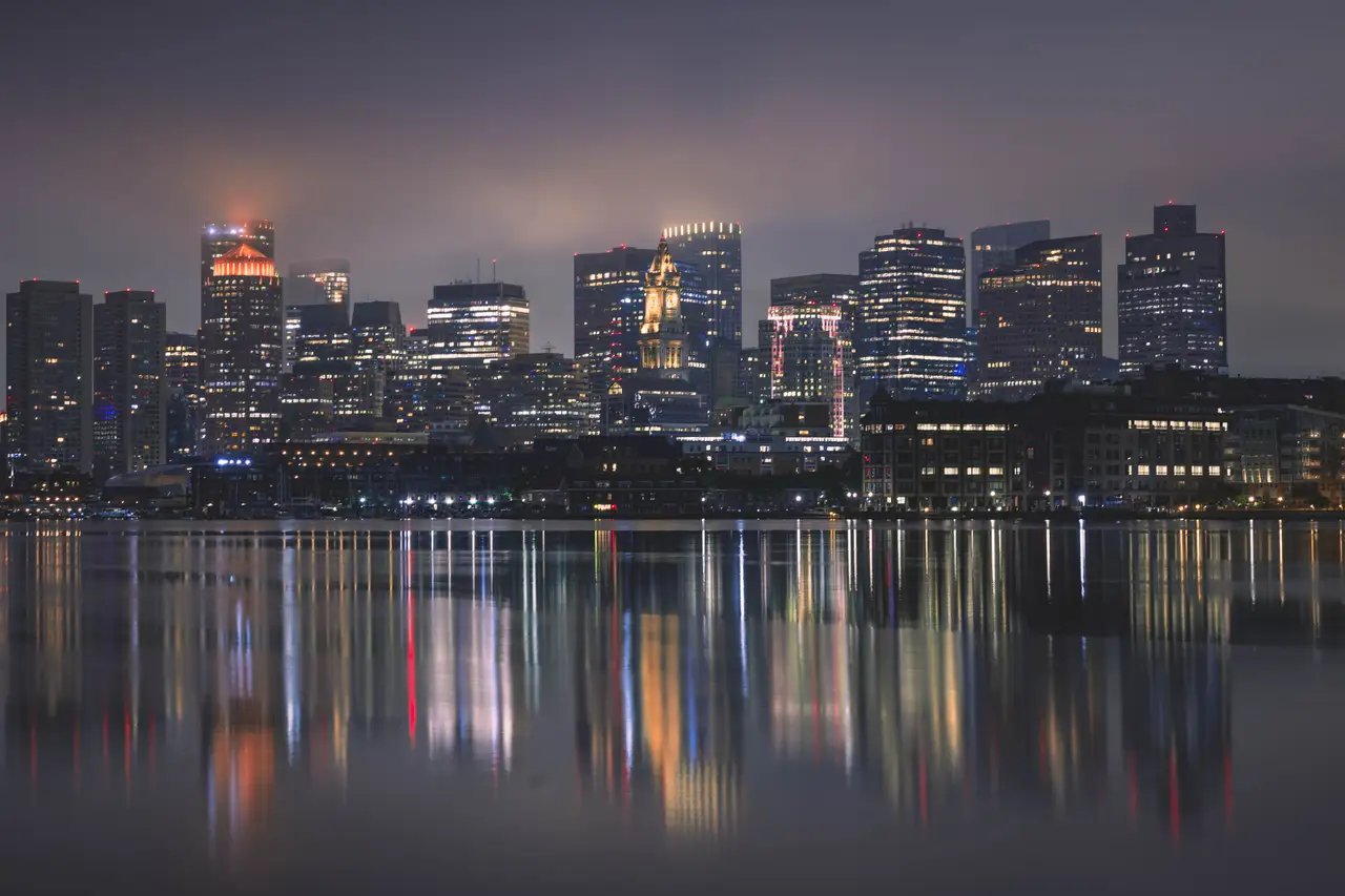 Fine-art photograph, “Boston Skyline Reflected on the Charles River, Dawn Traffic - _FIV4824.JPG,” from the Massachusetts - Boston collection.
