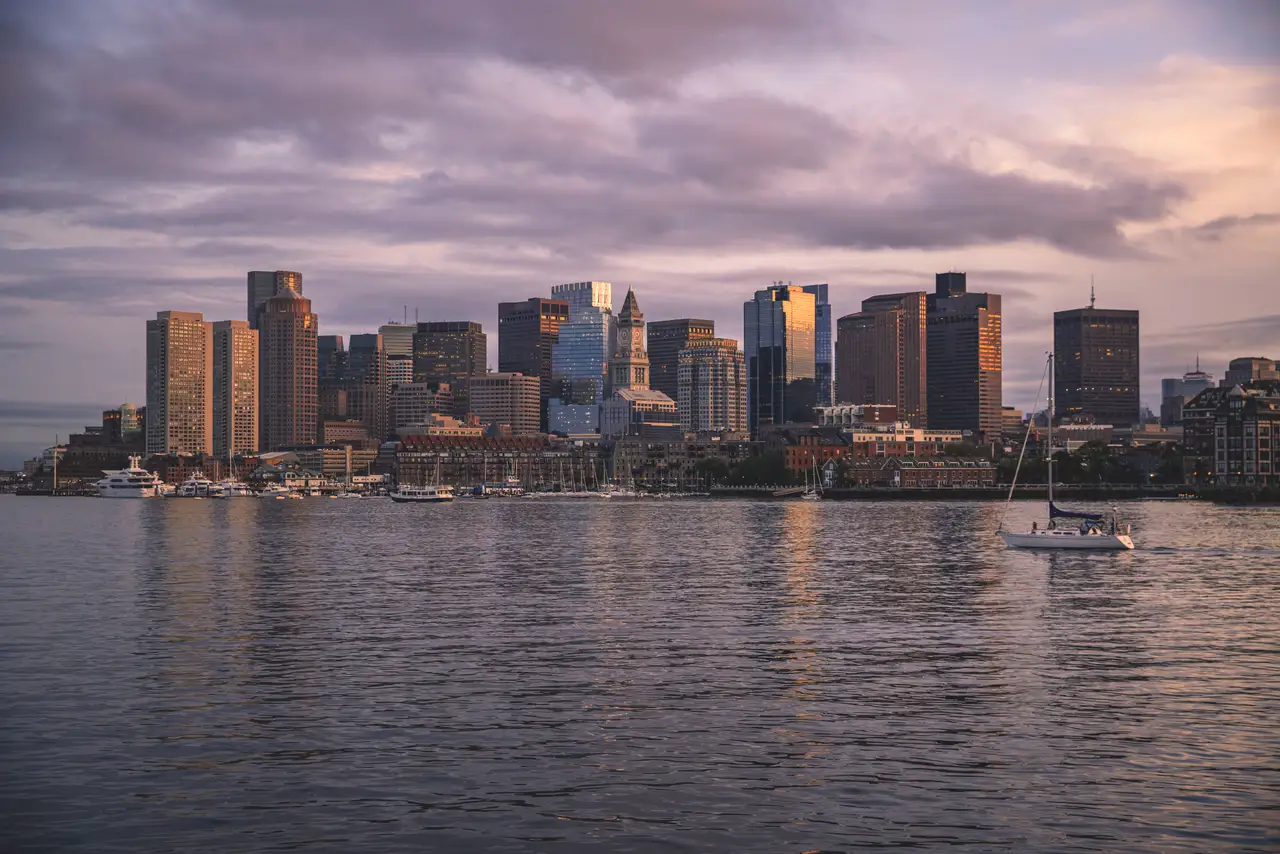 Fine-art photograph, “Boston Skyline and Sailboat in Evening Light - RFIV0805.JPG,” from the Massachusetts - Boston collection.