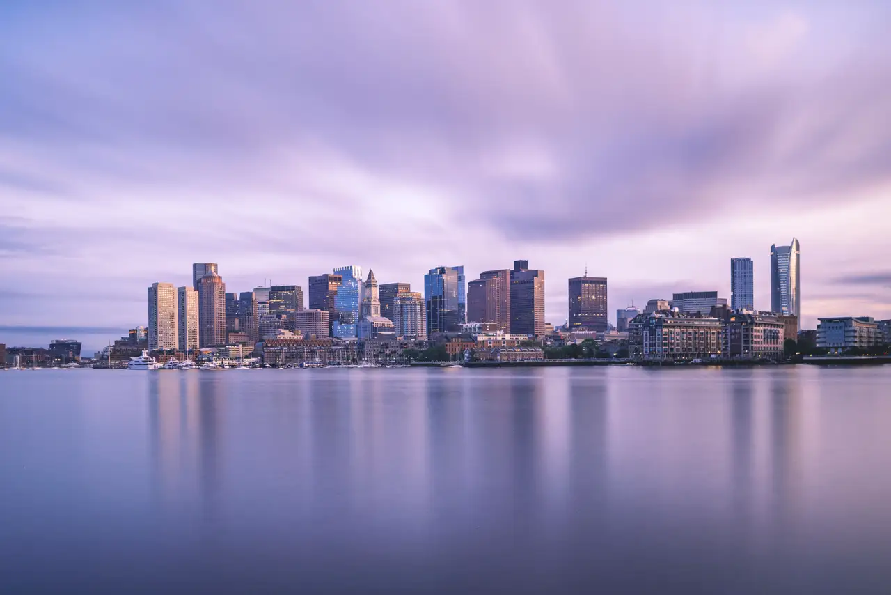 Fine-art photograph, “Boston Skyline Below Streaked Clouds - RFIV0855.JPG,” from the Massachusetts - Boston collection.