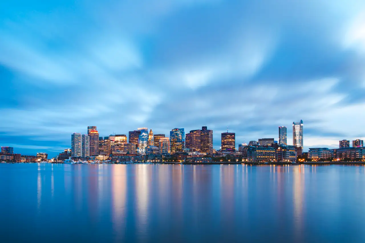 Fine-art photograph, “Boston Skyline Reflected in Electric Blue - RFIV0867.JPG,” from the Massachusetts - Boston collection.