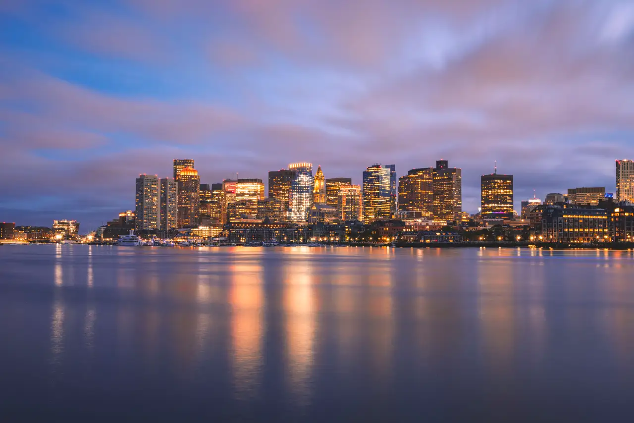 Fine-art photograph, “Boston Harbor Skyline Reflections at Blue Hour - RFIV0878.JPG,” from the Massachusetts - Boston collection.
