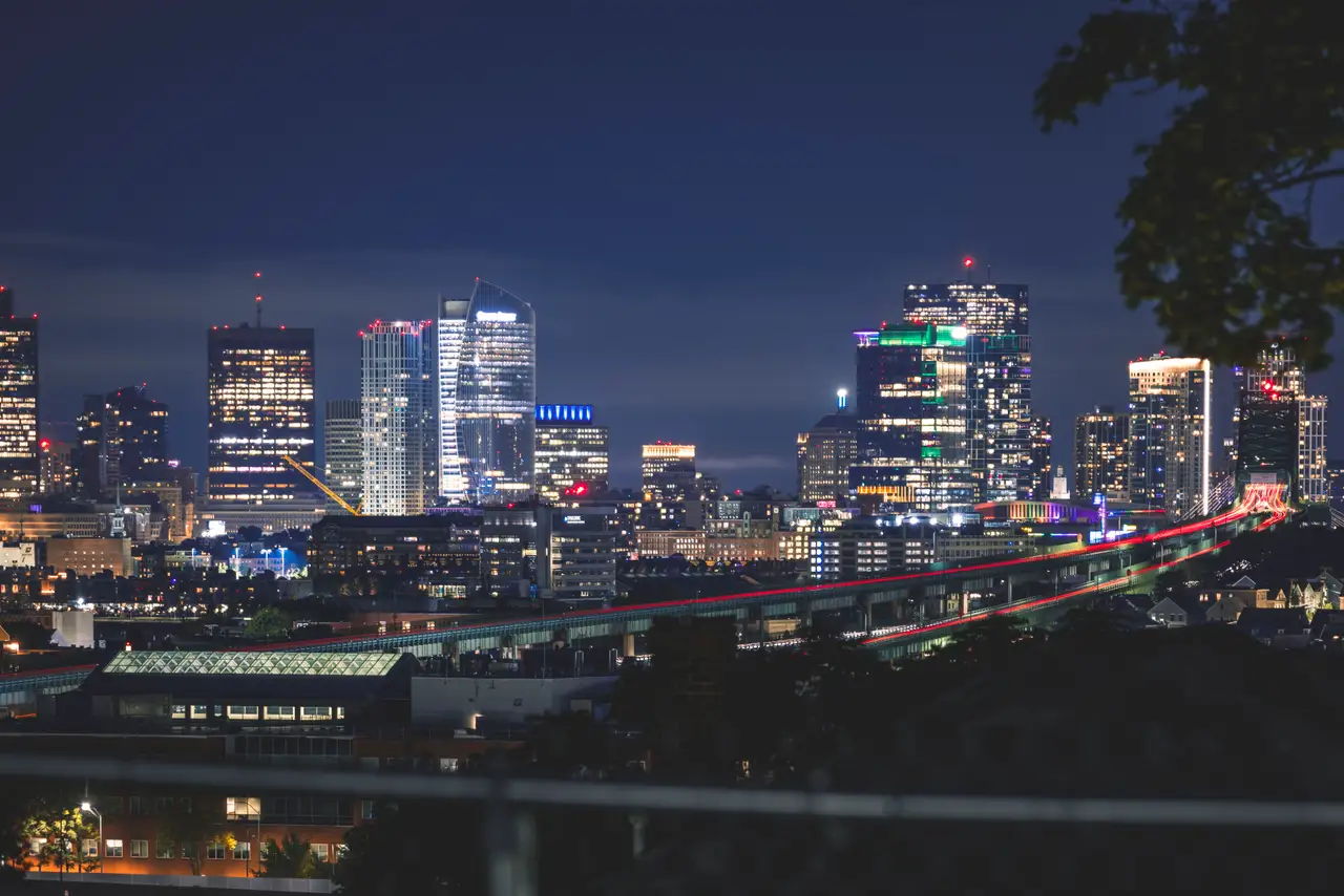 Fine-art photograph, “Boston Skyline and Bridge Light Trails at Night - RFIV0883.JPG,” from the Massachusetts - Boston collection.