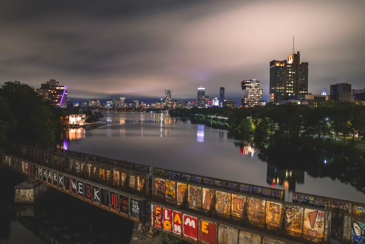 Fine-art photograph, “Boston Skyline and Graffiti Train Bridge - RFIV0891.JPG,” from the Massachusetts - Boston collection.