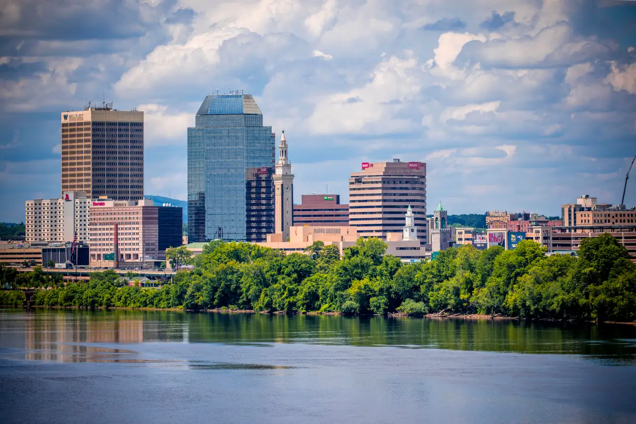 Fine-art photograph, “Springfield Skyline and Connecticut River, Blue Silence - RFIV1370.JPG,” from the Massachusetts - others collection.