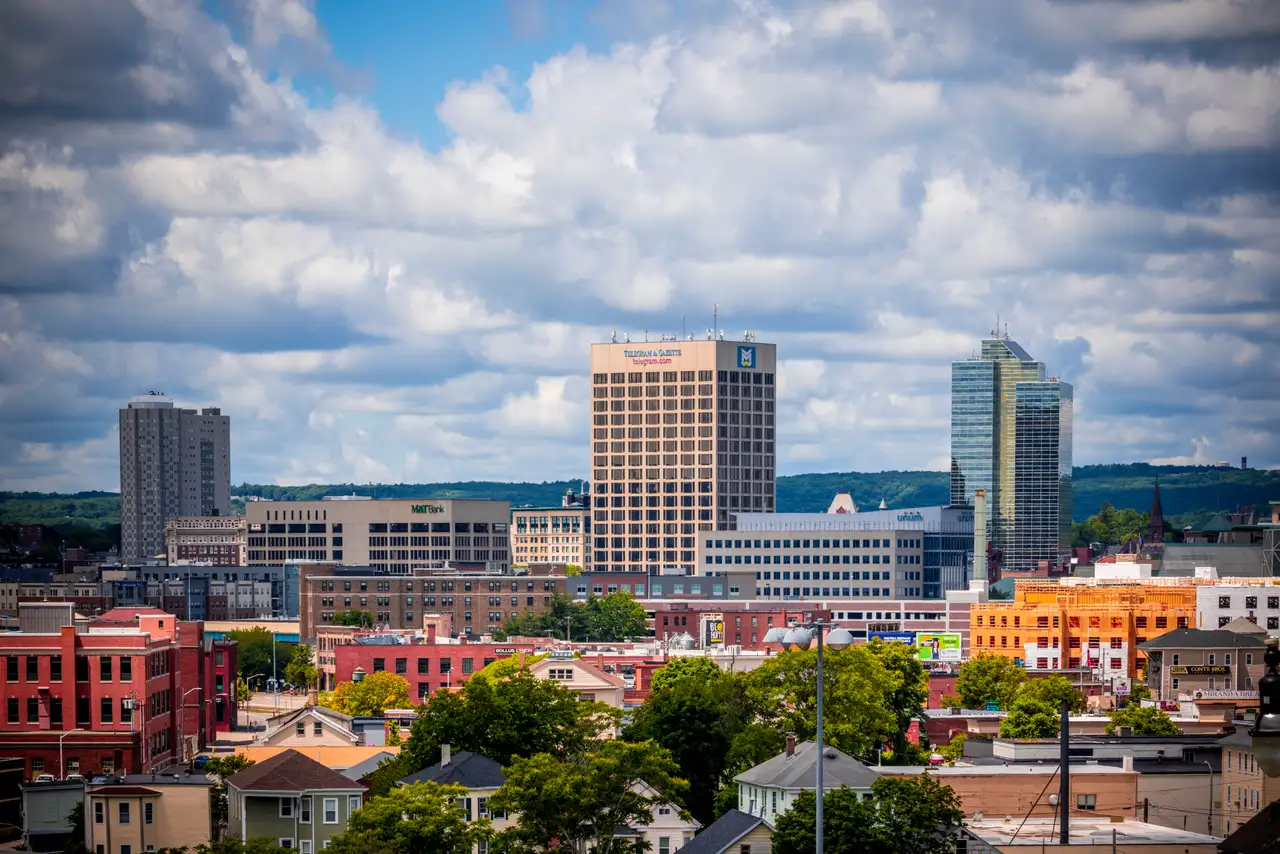 Fine-art photograph, “Worcester Downtown Skyline Beneath Layered Storm Clouds - RFIV1355.JPG,” from the Massachusetts - others collection.