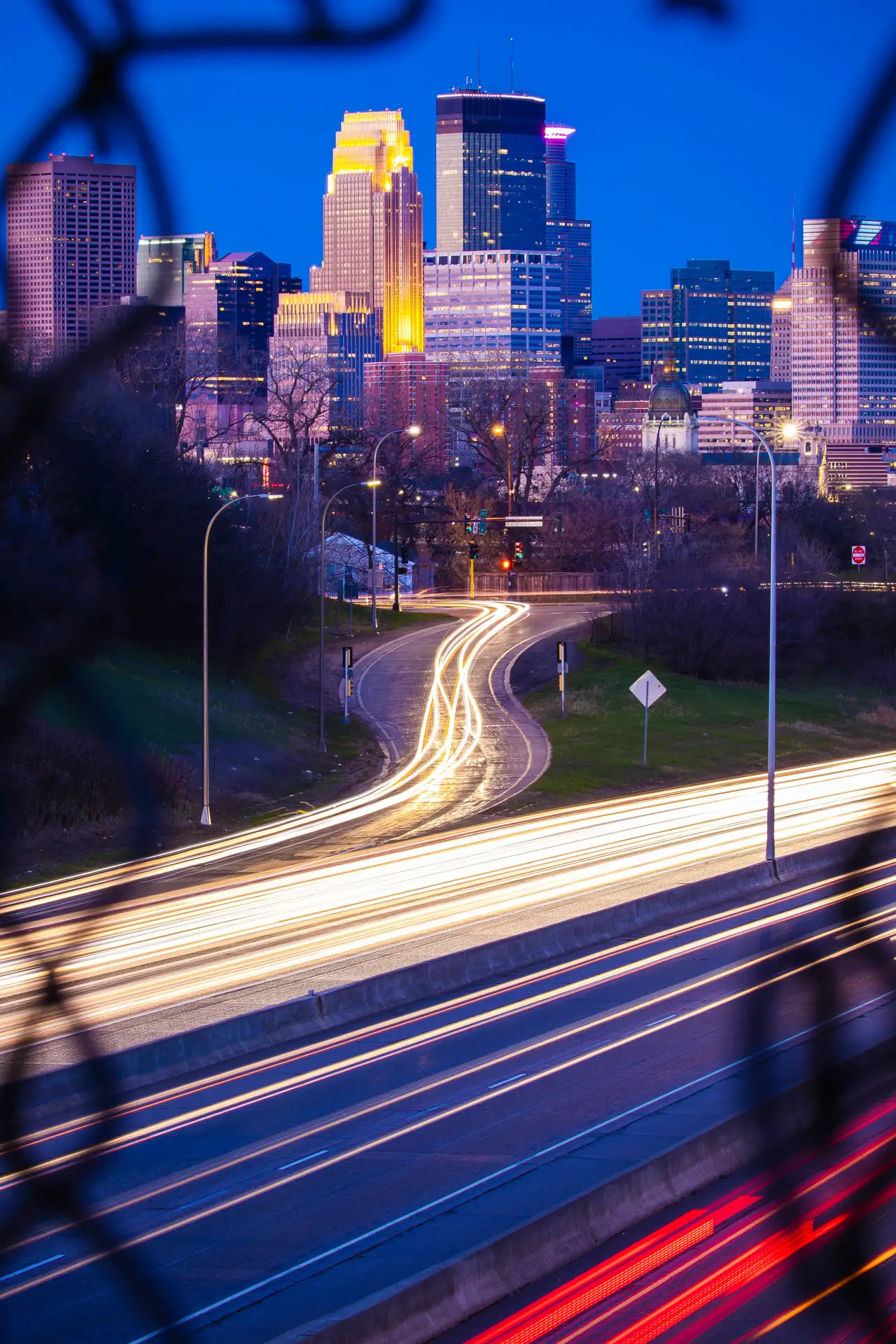 Fine-art photograph, “Minneapolis Skyline Light Trails, Tower Light - RFIV8436.JPG,” from the Minnesota collection.