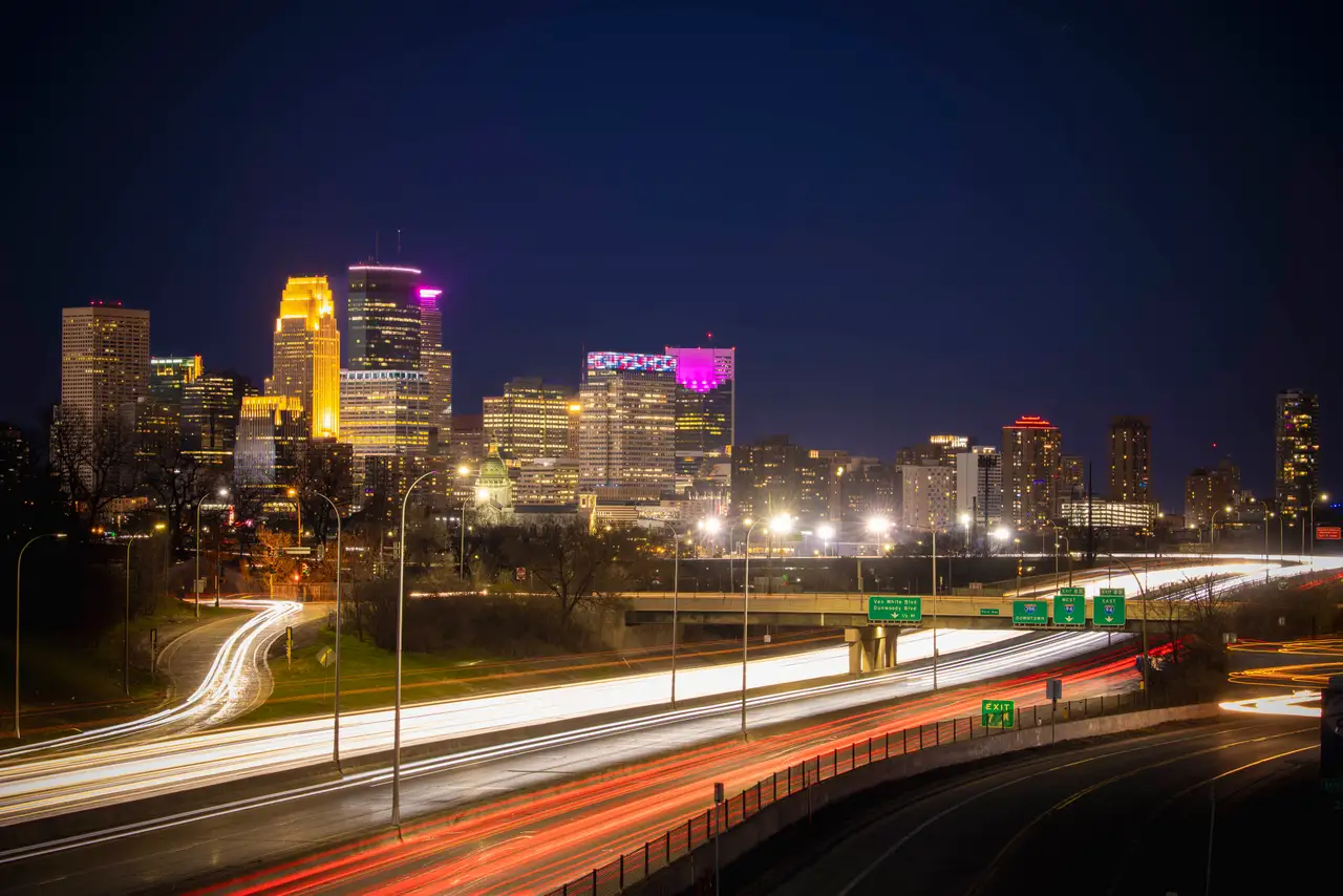 Fine-art photograph, “Minneapolis Skyline Light Trails, Tide of Light - RFIV8454.JPG,” from the Minnesota collection.