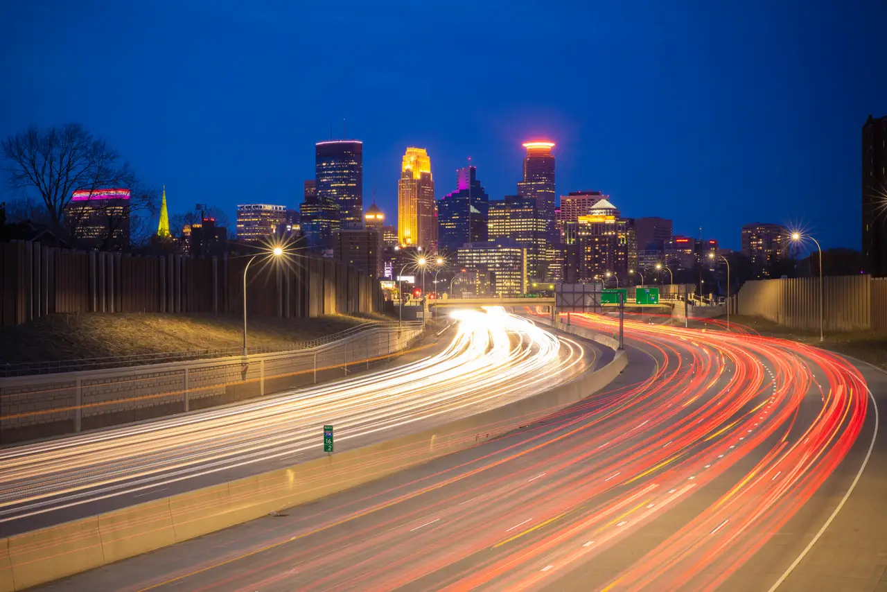 Fine-art photograph, “Minneapolis Skyline Light Trails, Glass Horizon - RFIV8589.JPG,” from the Minnesota collection.