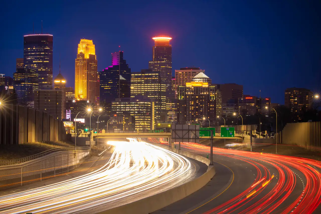 Fine-art photograph, “Minneapolis Skyline Light Trails, Steel and Water - RFIV8591.JPG,” from the Minnesota collection.