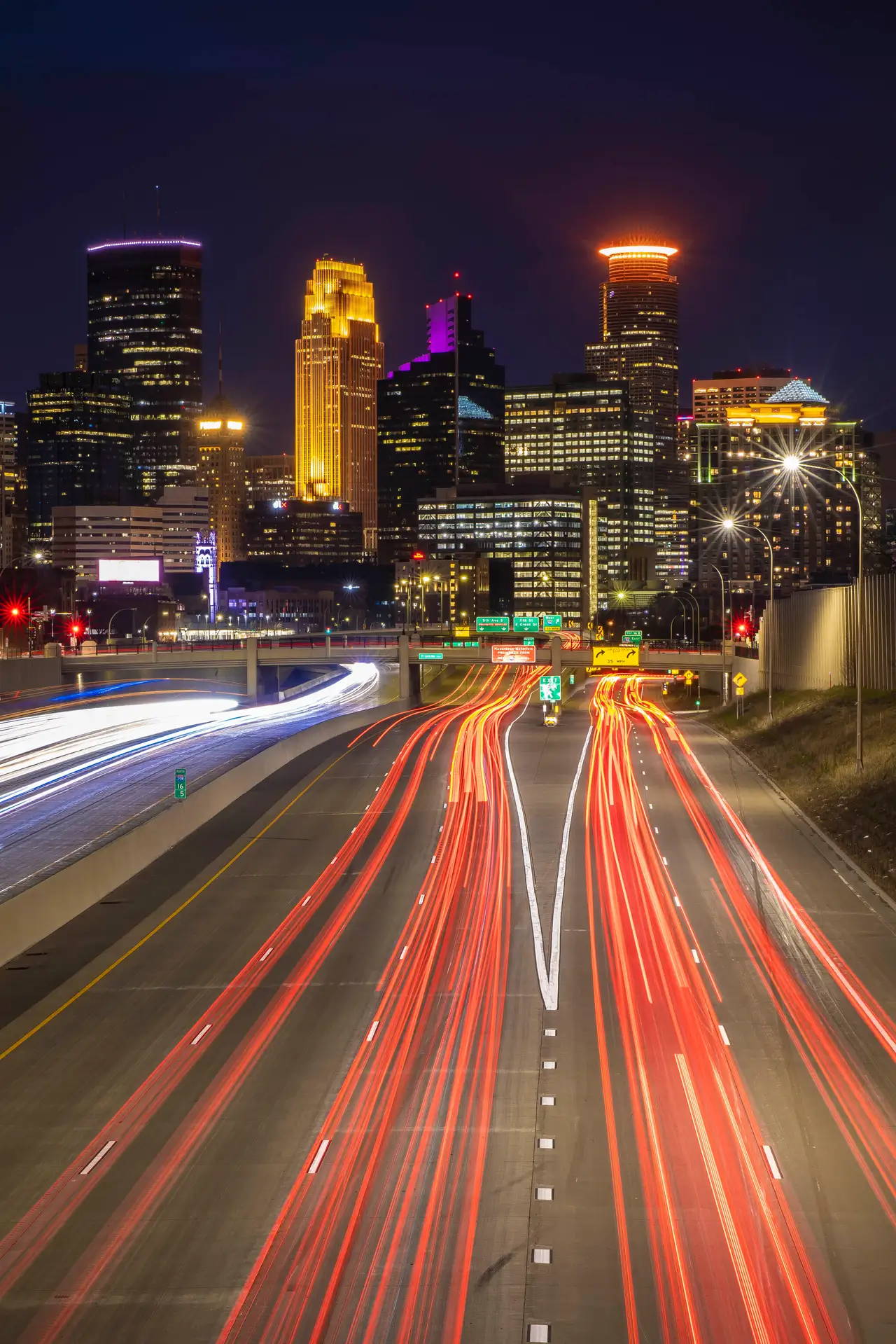 Fine-art photograph, “Minneapolis Skyline Light Trails, After the Rush - RFIV8596.JPG,” from the Minnesota collection.