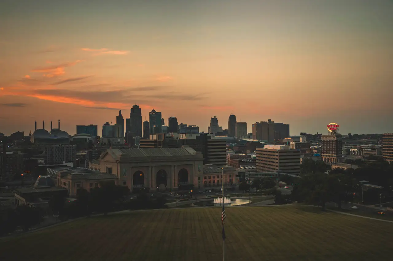 Fine-art photograph, “Kansas City Union Station and Downtown from Liberty Memorial at Sunset - 5DM41696.JPG,” from the Missouri collection.