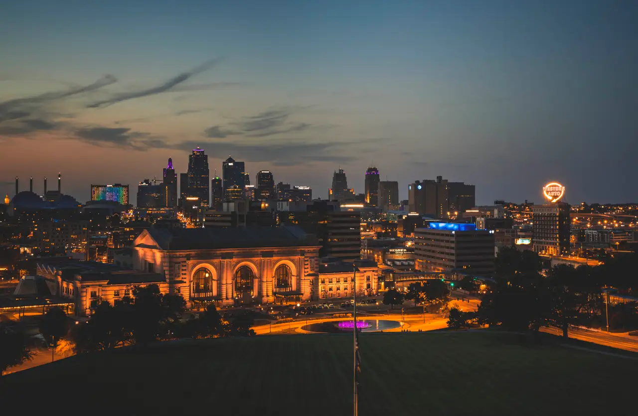 Fine-art photograph, “Kansas City Union Station and Downtown After Dark - 5DM41761.JPG,” from the Missouri collection.