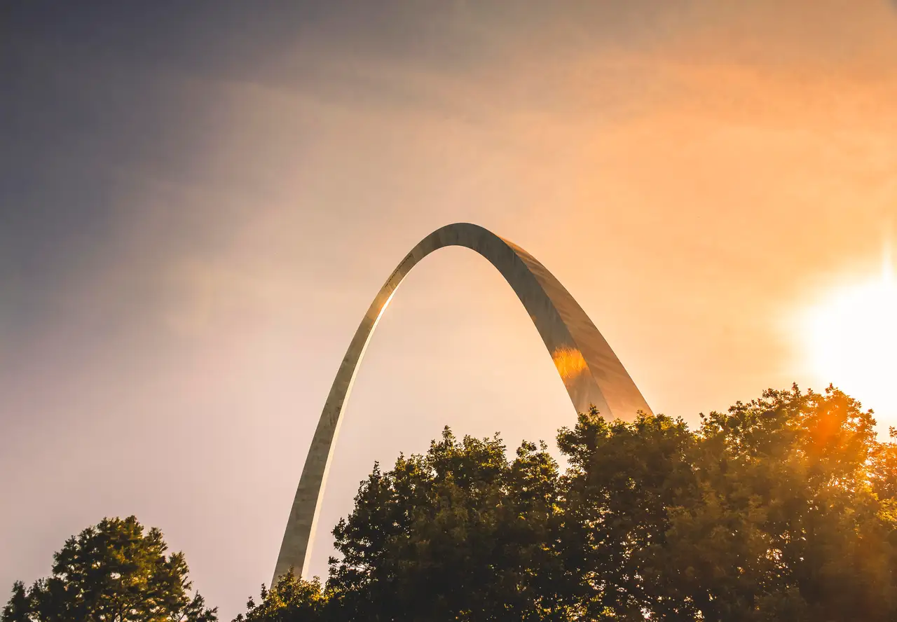 Fine-art photograph, “Gateway Arch at Sunset, Distant Glow - IMG_4437 copy.JPG,” from the Missouri collection.