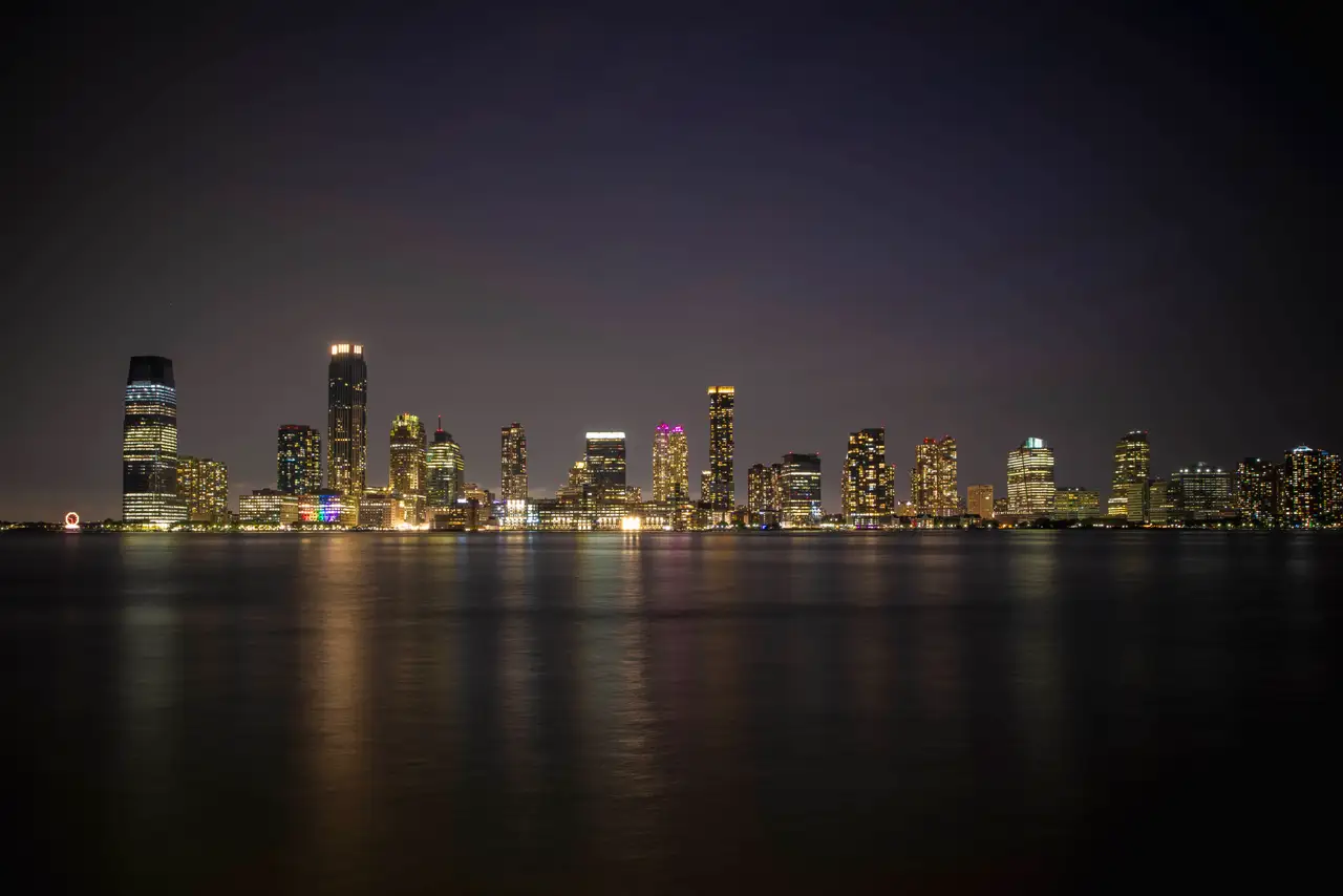 Fine-art photograph, “Jersey City Waterfront Skyline and Reflections After Dark - RFIV0520.JPG,” from the New Jersey collection.