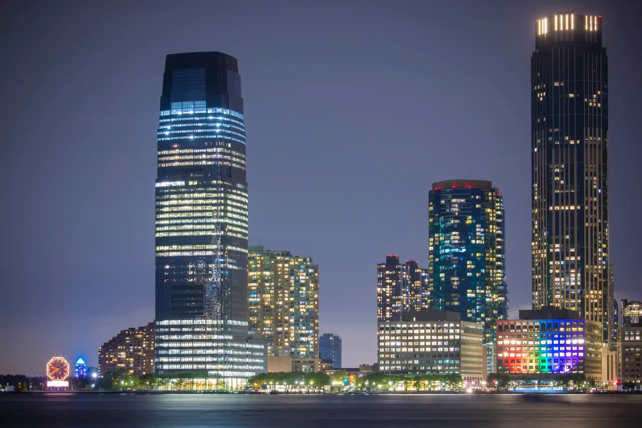Fine-art photograph, “Goldman Sachs Tower and Jersey City Waterfront Lights - RFIV0526.JPG,” from the New Jersey collection.