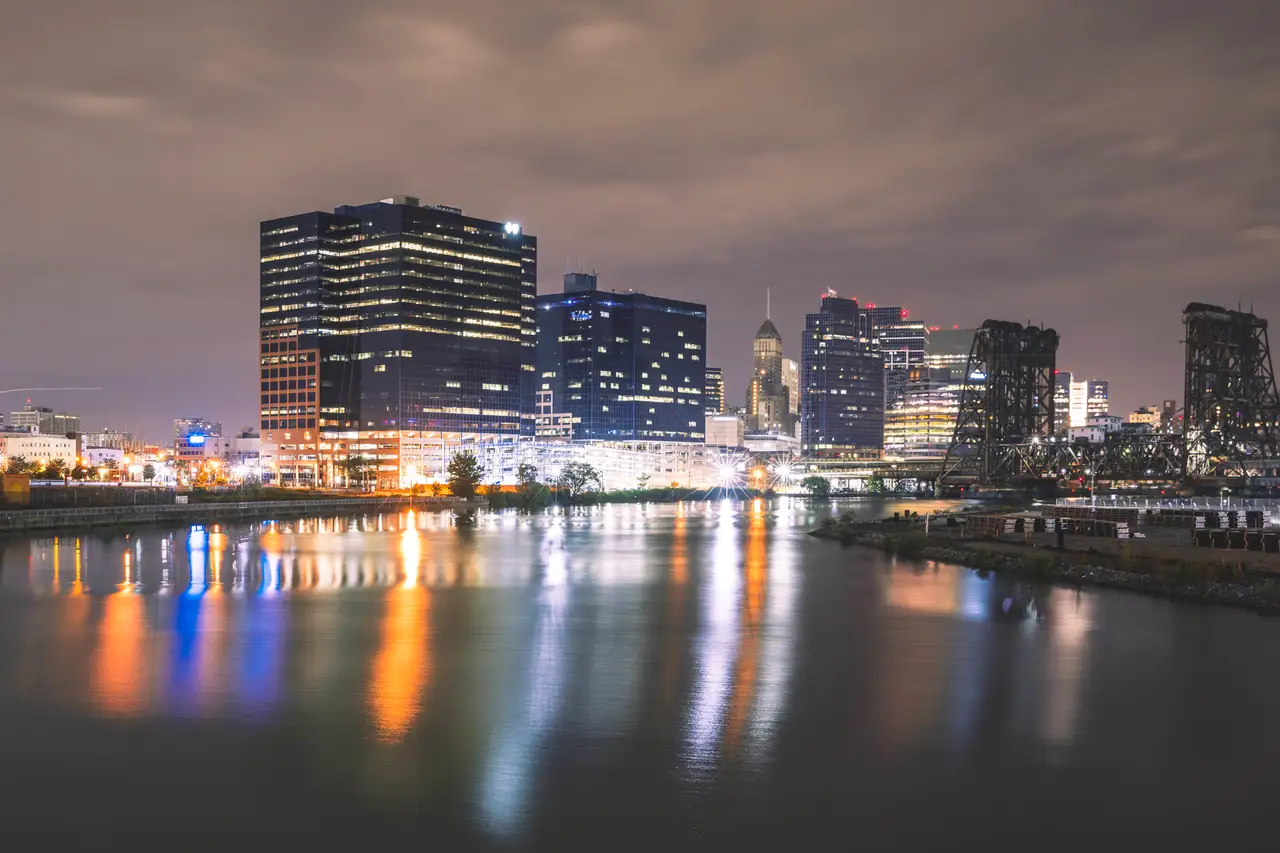 Fine-art photograph, “Newark Skyline and Dock Bridge Reflections at Night - RFIV0574.JPG,” from the New Jersey collection.
