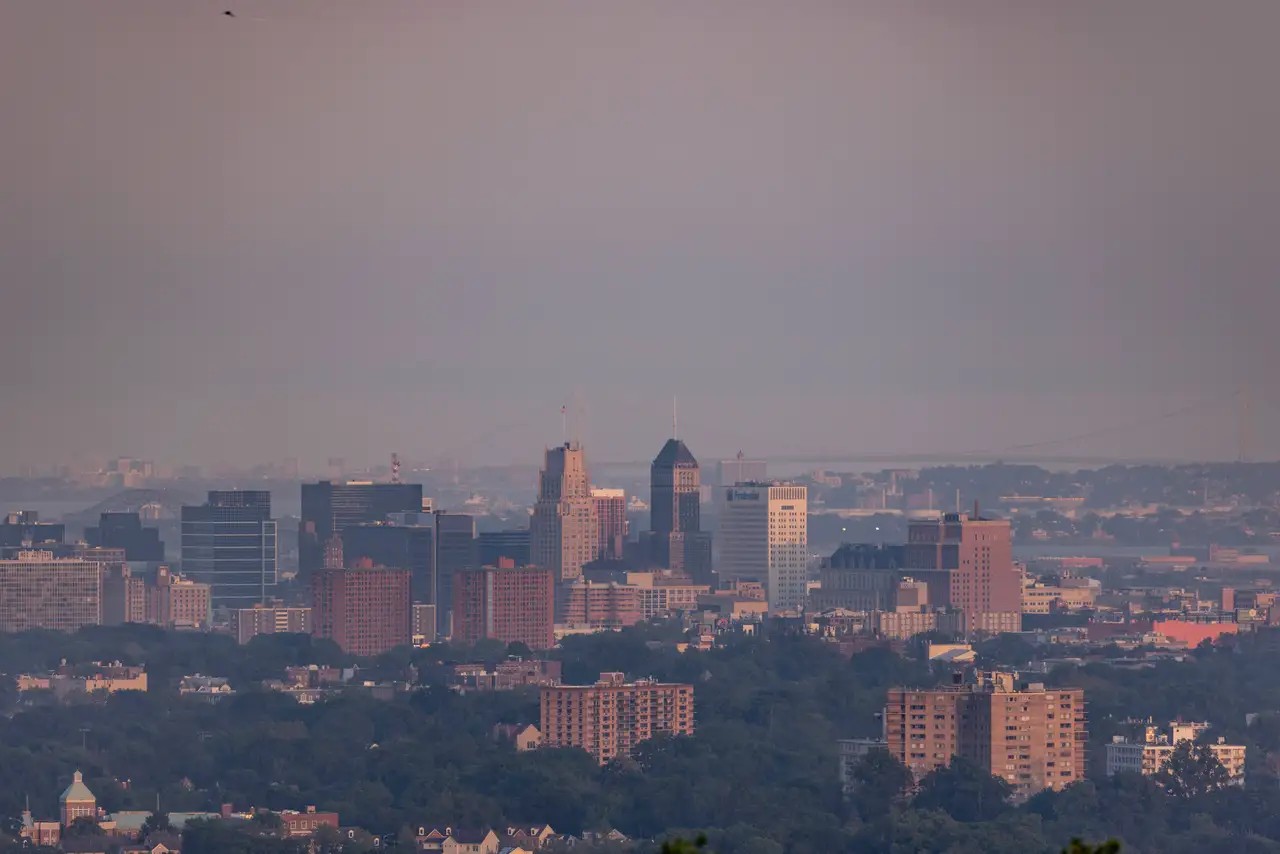 Fine-art photograph, “Newark Skyline and Pulaski Skyway at Sunset - RFIV8858.JPG,” from the New Jersey collection.