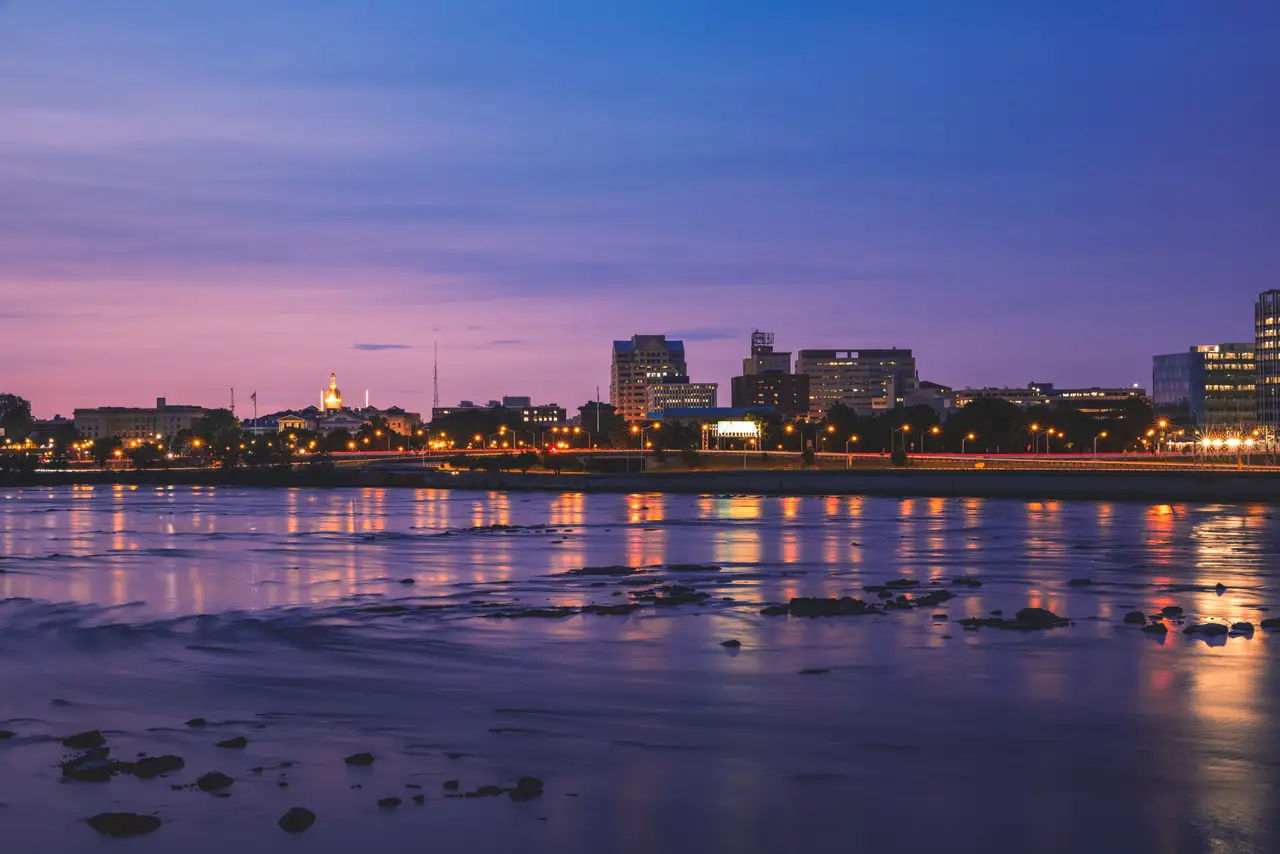 Fine-art photograph, “Trenton Waterfront Reflections Beneath a Lavender Evening Sky - RFIV0214.JPG,” from the New Jersey collection.