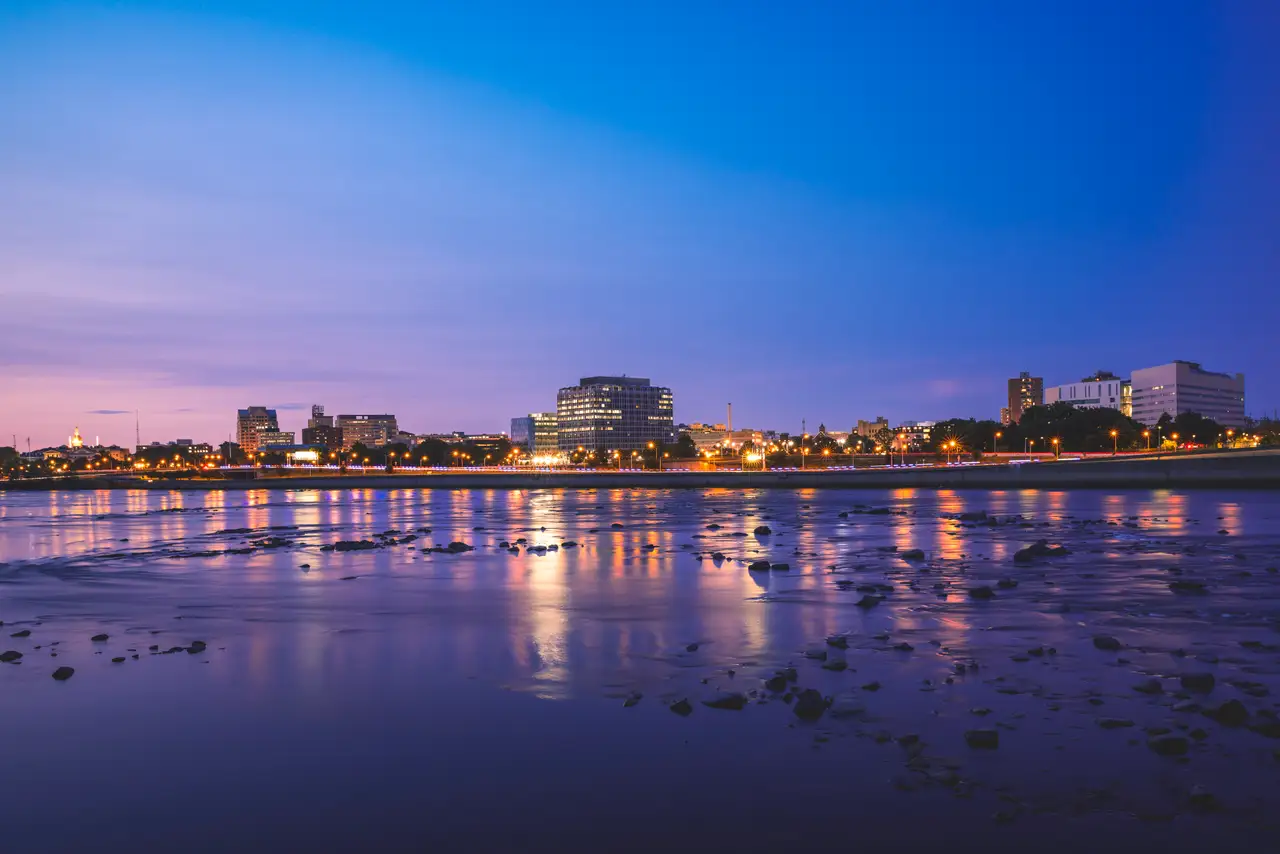 Fine-art photograph, “Trenton Waterfront and Delaware River Reflections at Dusk - RFIV0216.JPG,” from the New Jersey collection.