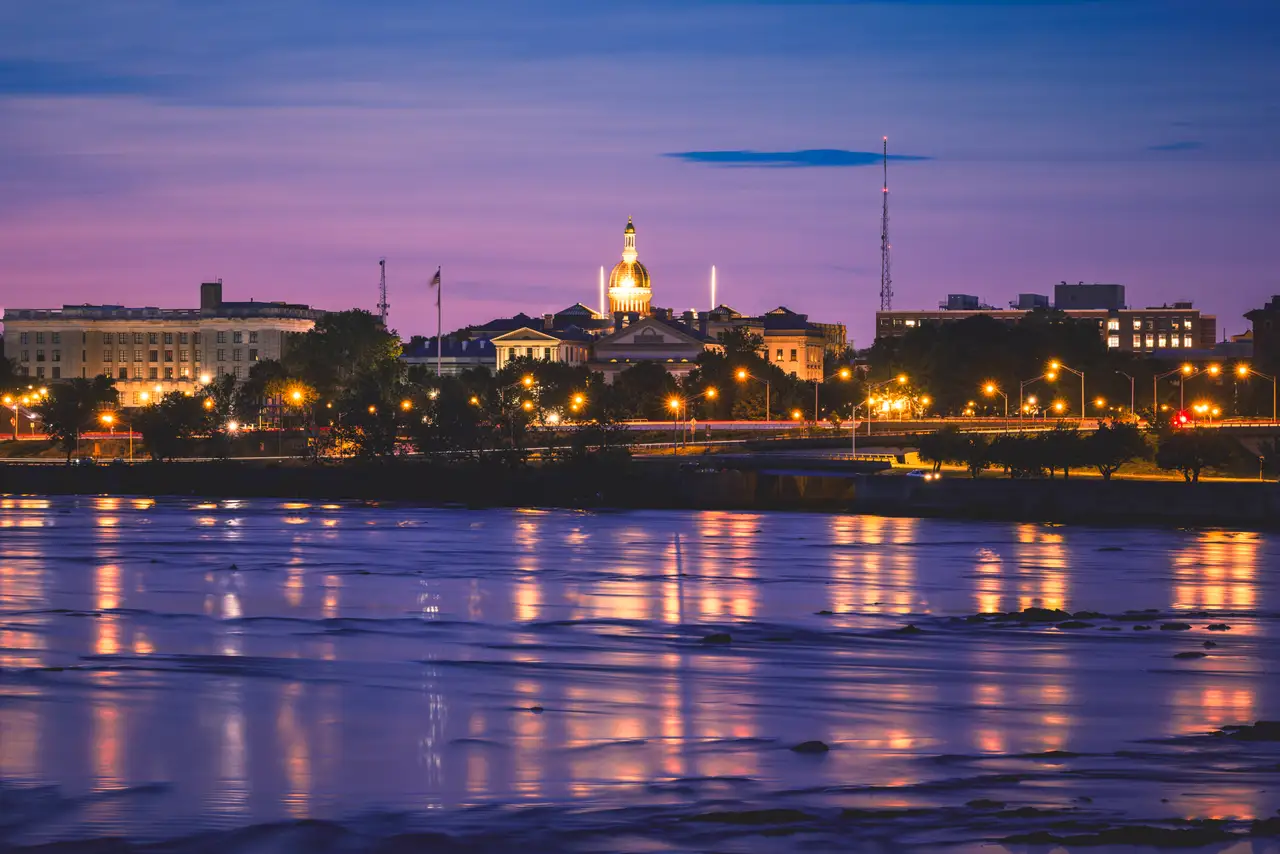 Fine-art photograph, “New Jersey State House Dome and Trenton Waterfront at Blue Hour - RFIV0218.JPG,” from the New Jersey collection.