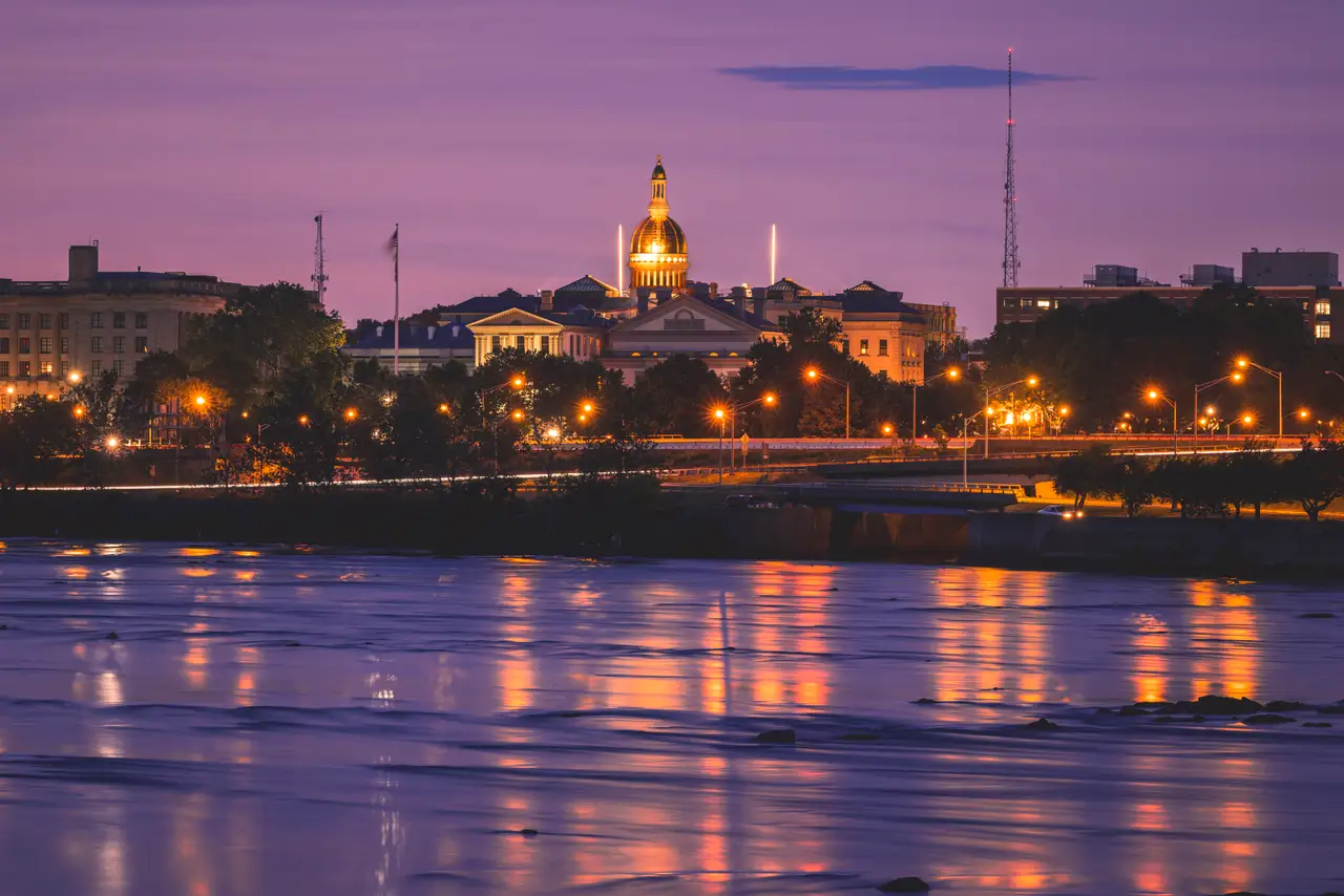 Fine-art photograph, “New Jersey State House Dome Reflected in the Delaware River - RFIV0219.JPG,” from the New Jersey collection.