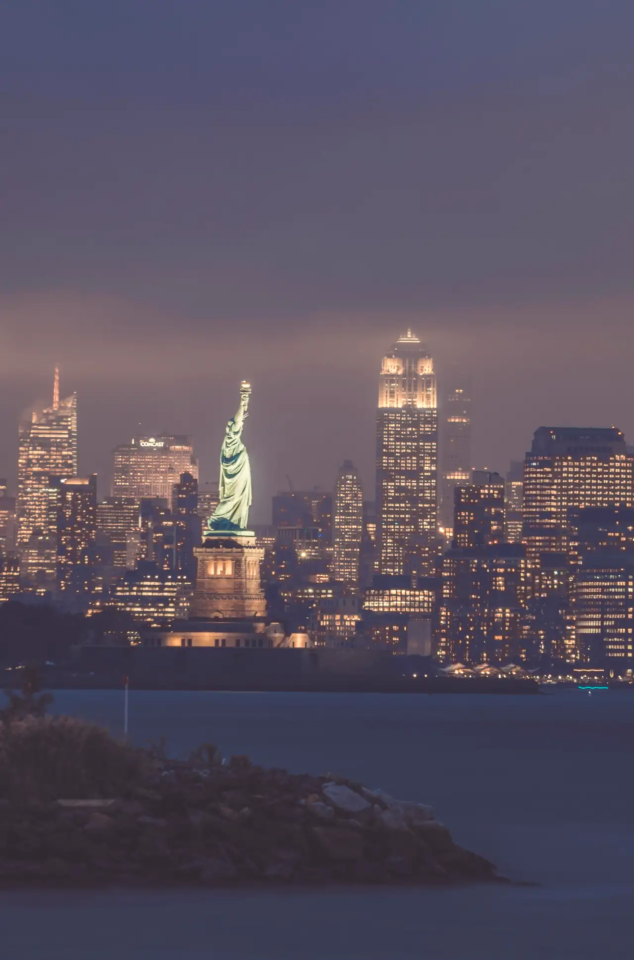 Fine-art photograph, “Statue of Liberty and Lower Manhattan at Night - 5DM45252.JPG,” from the New York City collection.