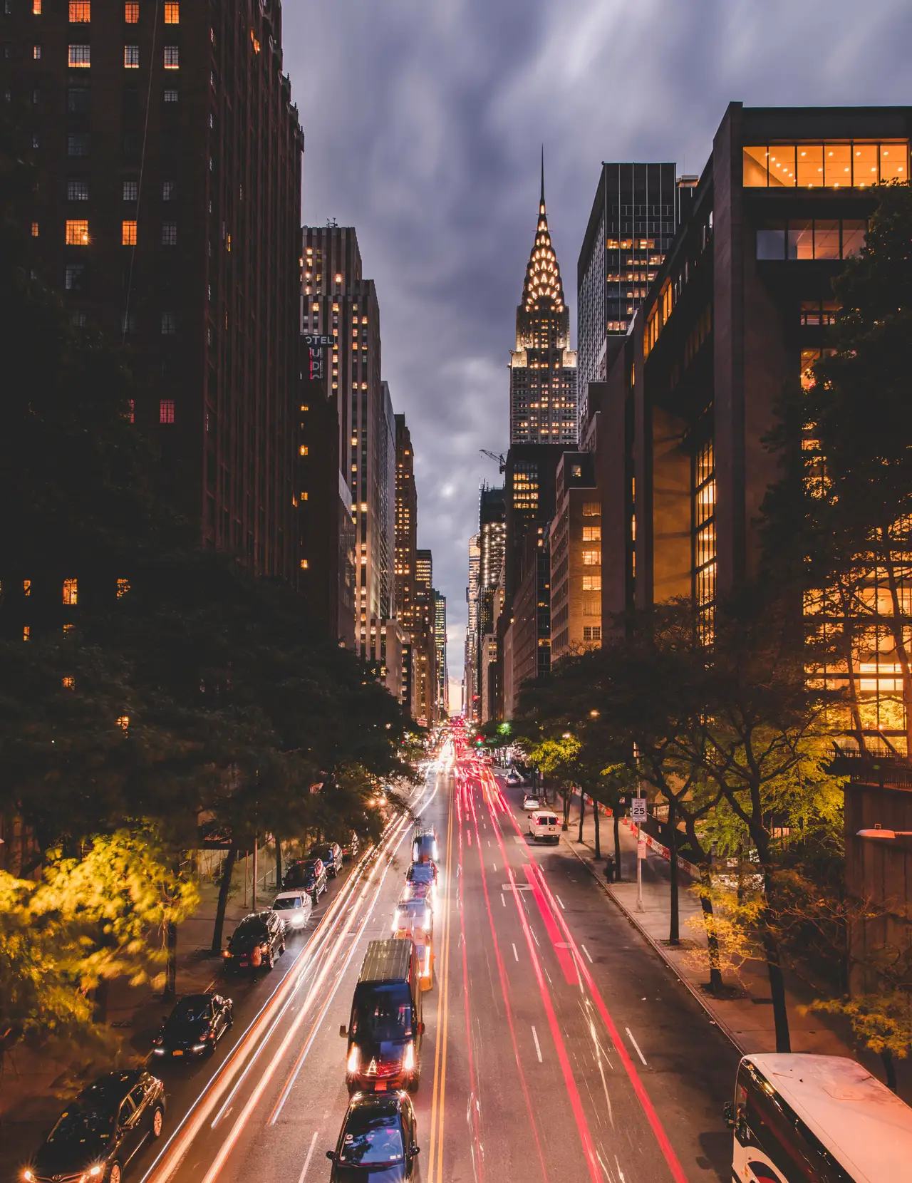 Fine-art photograph, “Chrysler Building and Midtown Traffic Light Trails at Dusk - 5DM46822.JPG,” from the New York City collection.