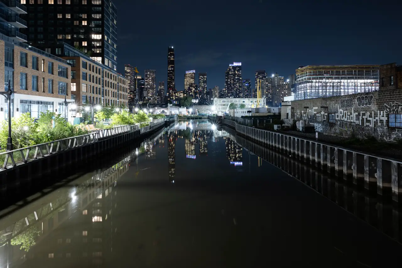 Fine-art photograph, “Gowanus Canal Reflections and Brooklyn Skyline - _FIV3804.JPG,” from the New York City collection.