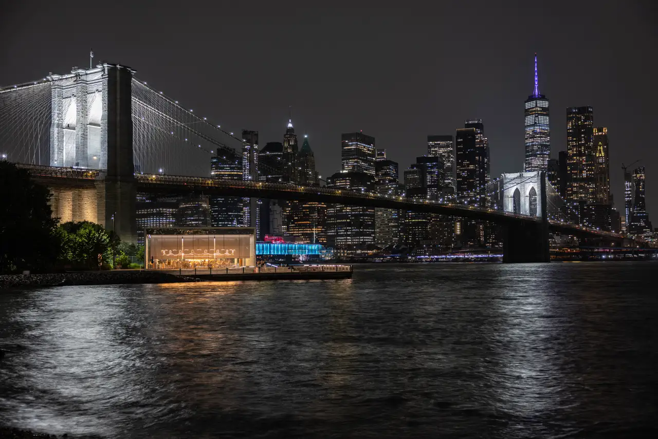 Fine-art photograph, “Brooklyn Bridge and Lower Manhattan at Night, The Long Descent - _FIV4492.JPG,” from the New York City collection.