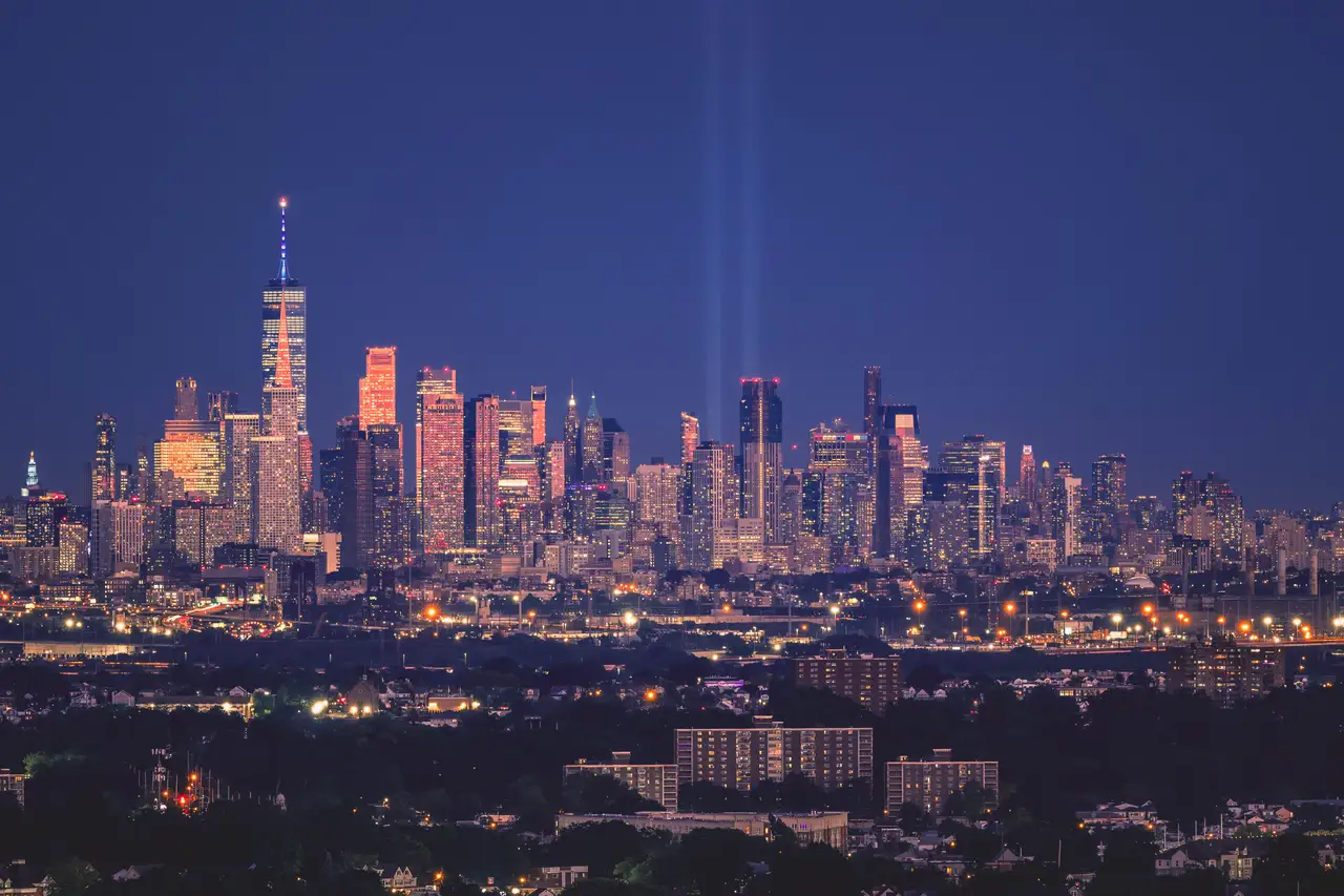 Fine-art photograph, “Lower Manhattan and 9/11 Tribute Lights, Steel and Water - _FIV8261.JPG,” from the New York City collection.