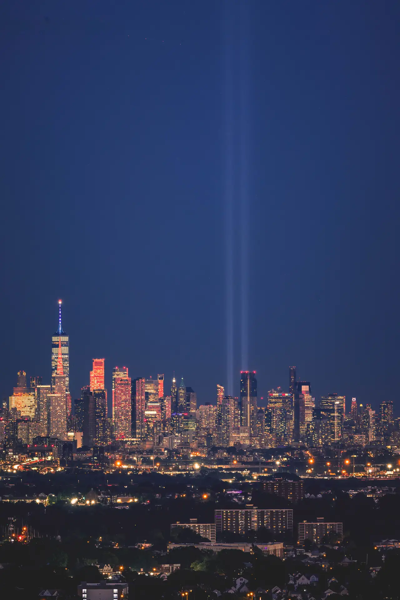 Fine-art photograph, “Lower Manhattan and 9/11 Tribute Lights at Night - _FIV8264.JPG,” from the New York City collection.