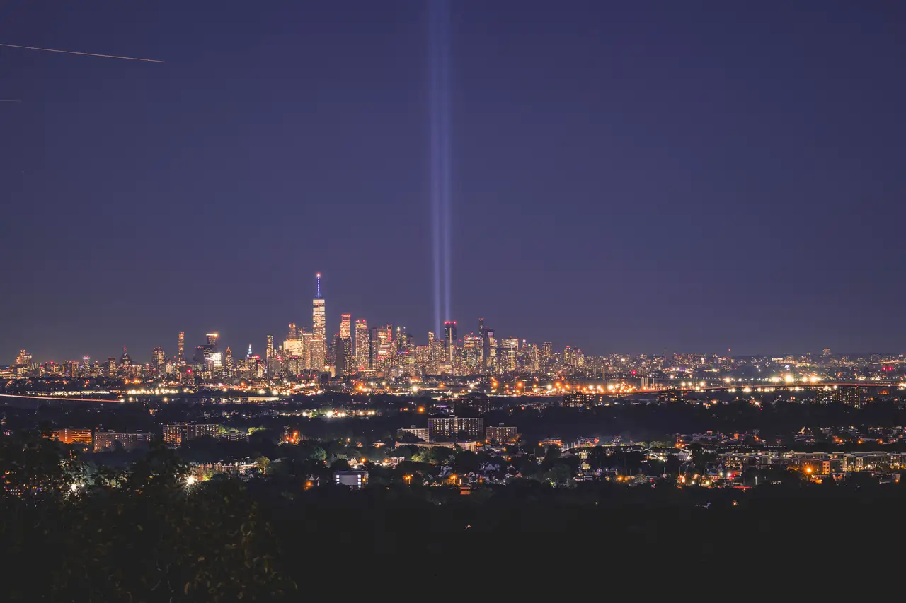 Fine-art photograph, “Lower Manhattan Skyline and 9/11 Tribute Lights, Windows at Dusk - _FIV8272.JPG,” from the New York City collection.