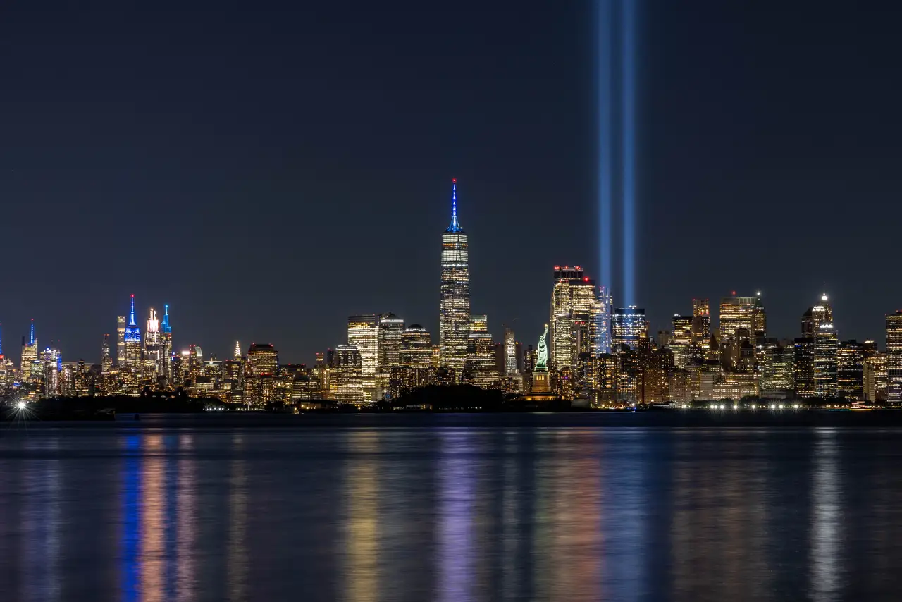Fine-art photograph, “Lower Manhattan and 9/11 Tribute Lights Reflections, Glass Horizon - _FIV8277.JPG,” from the New York City collection.