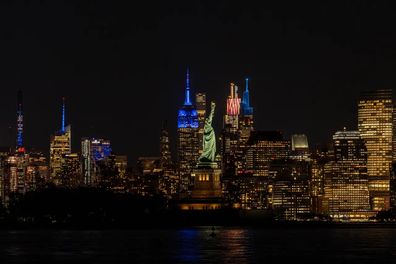 Fine-art photograph, “Statue of Liberty and Midtown Manhattan at Night - _FIV8306.JPG,” from the New York City collection.