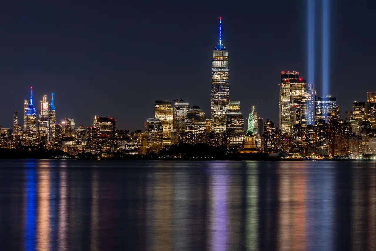 Fine-art photograph, “Lower Manhattan and 9/11 Tribute Lights Reflections, Night Passage - _FIV8344.JPG,” from the New York City collection.
