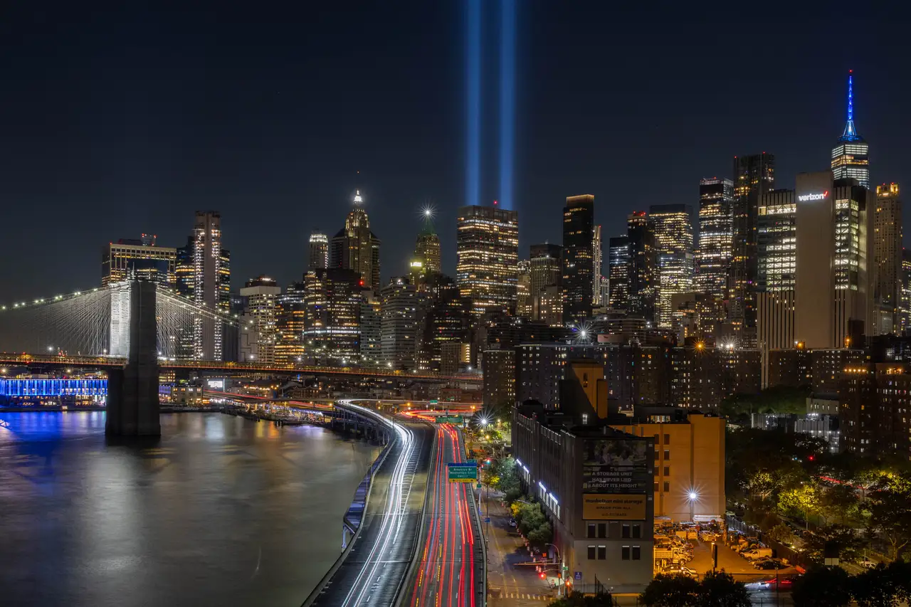 Fine-art photograph, “Brooklyn Bridge and Lower Manhattan Light Trails - _FIV8365.JPG,” from the New York City collection.