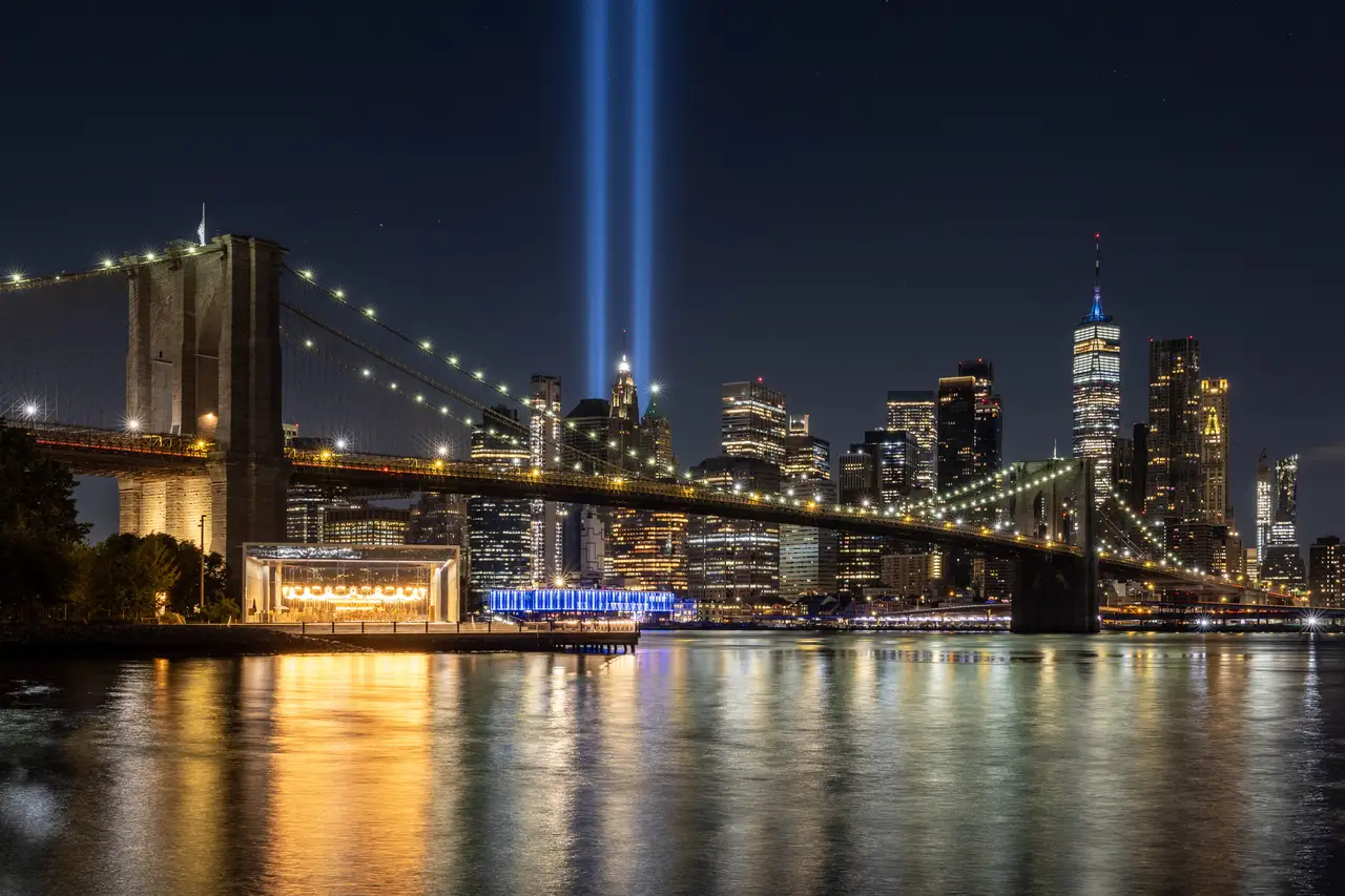Fine-art photograph, “Brooklyn Bridge and 9/11 Tribute Lights Reflections - _FIV8412.JPG,” from the New York City collection.