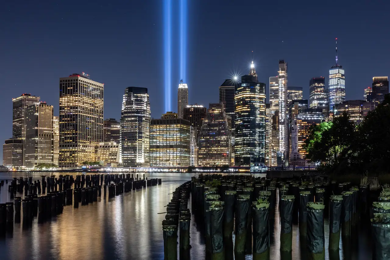 Fine-art photograph, “Lower Manhattan and 9/11 Tribute Lights from Brooklyn - _FIV8422.JPG,” from the New York City collection.