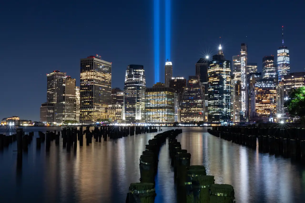 Fine-art photograph, “Lower Manhattan and 9/11 Tribute Lights Reflections, The Long Descent - _FIV8431.JPG,” from the New York City collection.